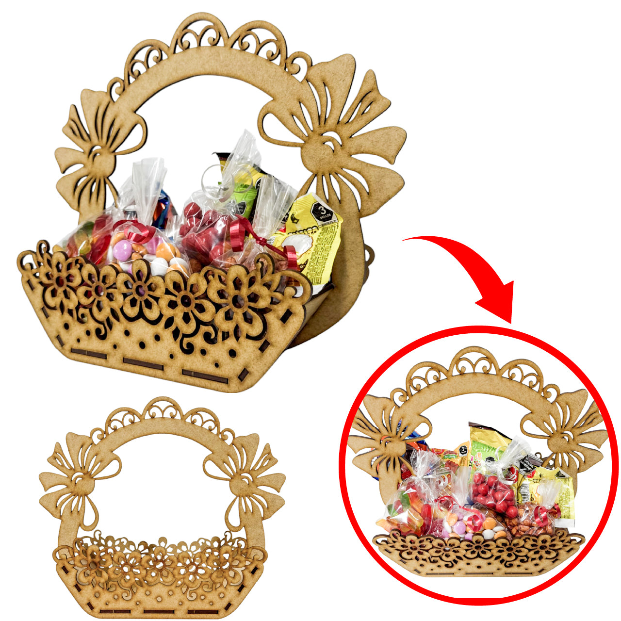 🎀 canasta decorativa con moños de mdf 🎀 RB97