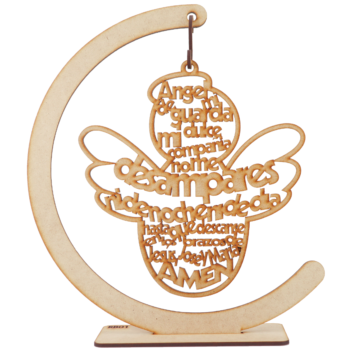 🌙 Ángel de la Guarda en Luna – MDF Grabado con Oración ✨ 5pz RB62