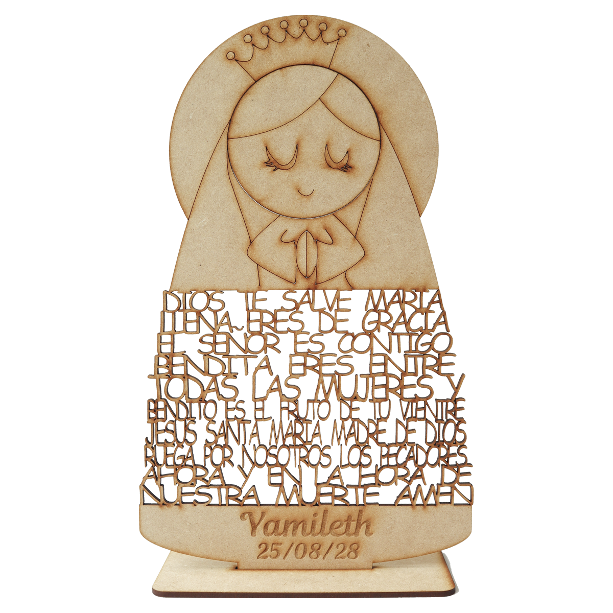 Virgen con oración “Dios te salve María” en MDF – Figura religiosa personalizada para bautizo o comunión 10pz RB28