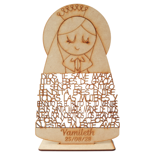 Virgen con oración “Dios te salve María” en MDF – Figura religiosa personalizada para bautizo o comunión 10pz RB28