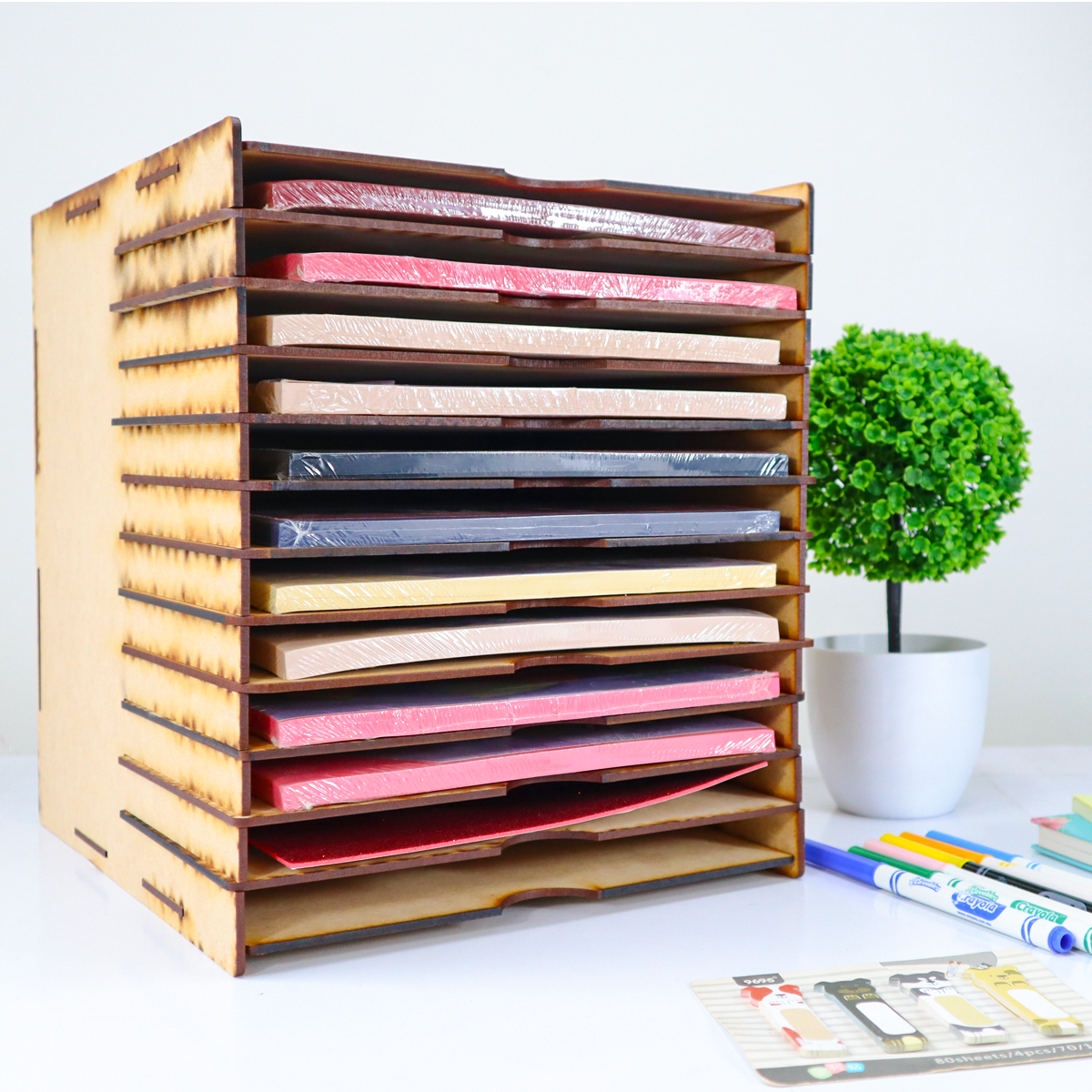 📁✨ Organizador vertical de MDF con 13 compartimentos para hojas 📄 OE34
