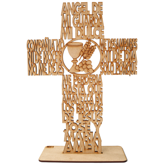 Cruz Ángel de mi Guarda con Cáliz – Recuerdo de Comunión en MDF con Oración Grabada 10pz RB26