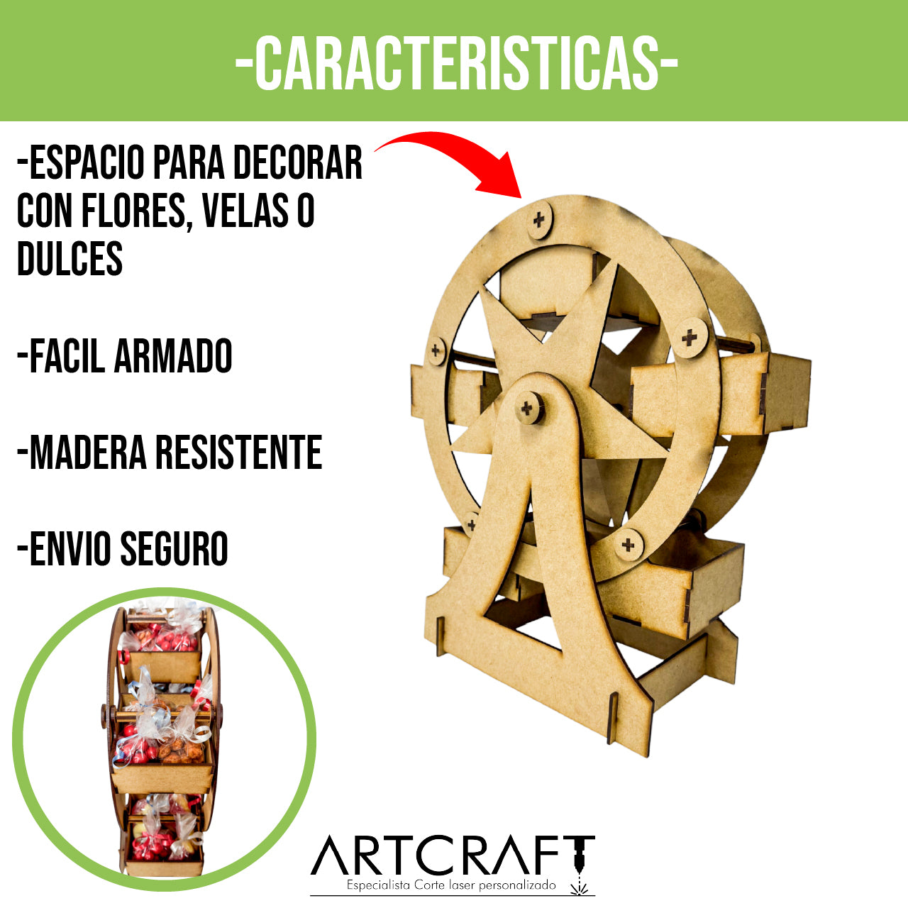 🎡 Rueda de la Fortuna decorativa en MDF – Dulcero o centro de mesa 🎁 1pz RB96