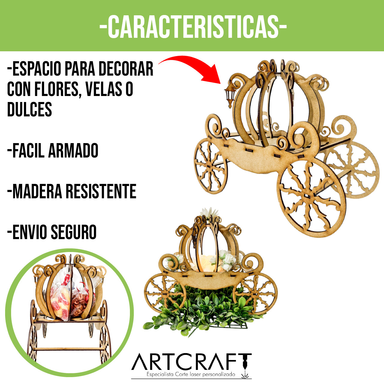 🎠 Carreta de Cenicienta en MDF – Ideal para Centros de Mesa o Decoración ✨5pz RB98
