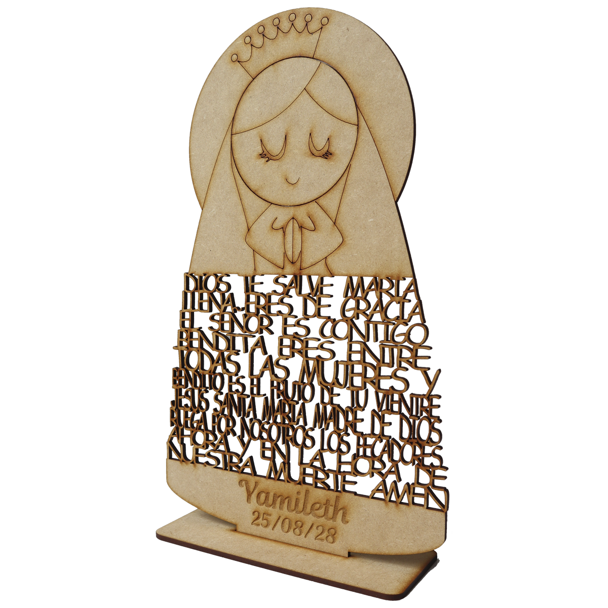 Virgen con oración “Dios te salve María” en MDF – Figura religiosa personalizada para bautizo o comunión 10pz RB28