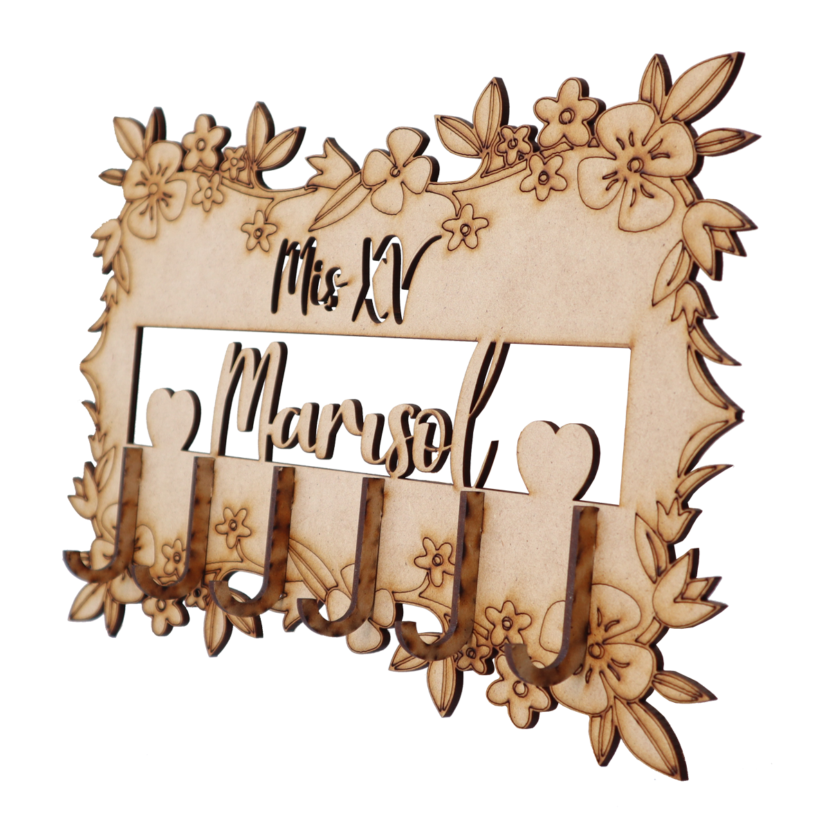 ✨ Portalaves de XV años personalizado en MDF | Con nombre y flores grabadas 🌸💖 10pz RB55