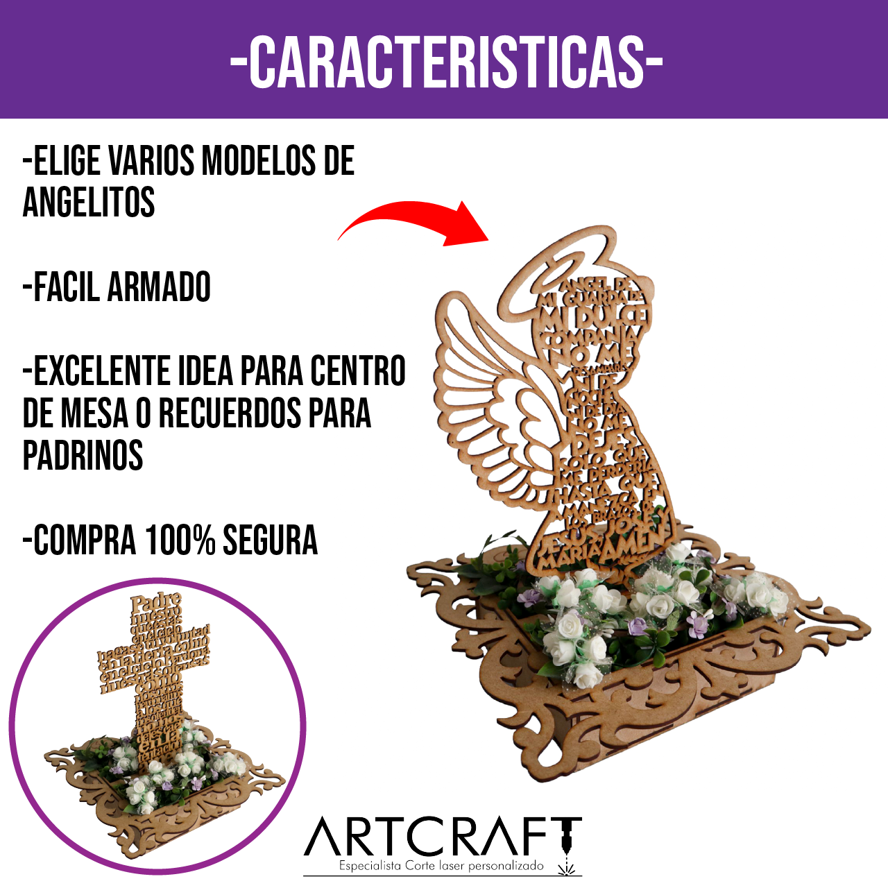 🌟 Centro de Mesa con Caja y Angelitos de MDF – Varios Modelos ✨ 5pz RB83