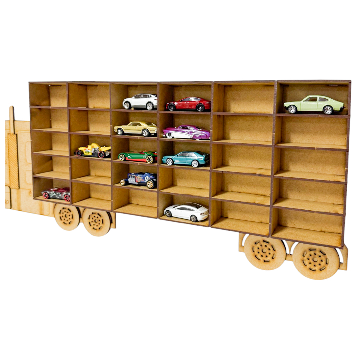 🚛✨ Exhibidor en forma de tráiler para Hot Wheels y carritos sueltos – MDF ✨🚛 OE43