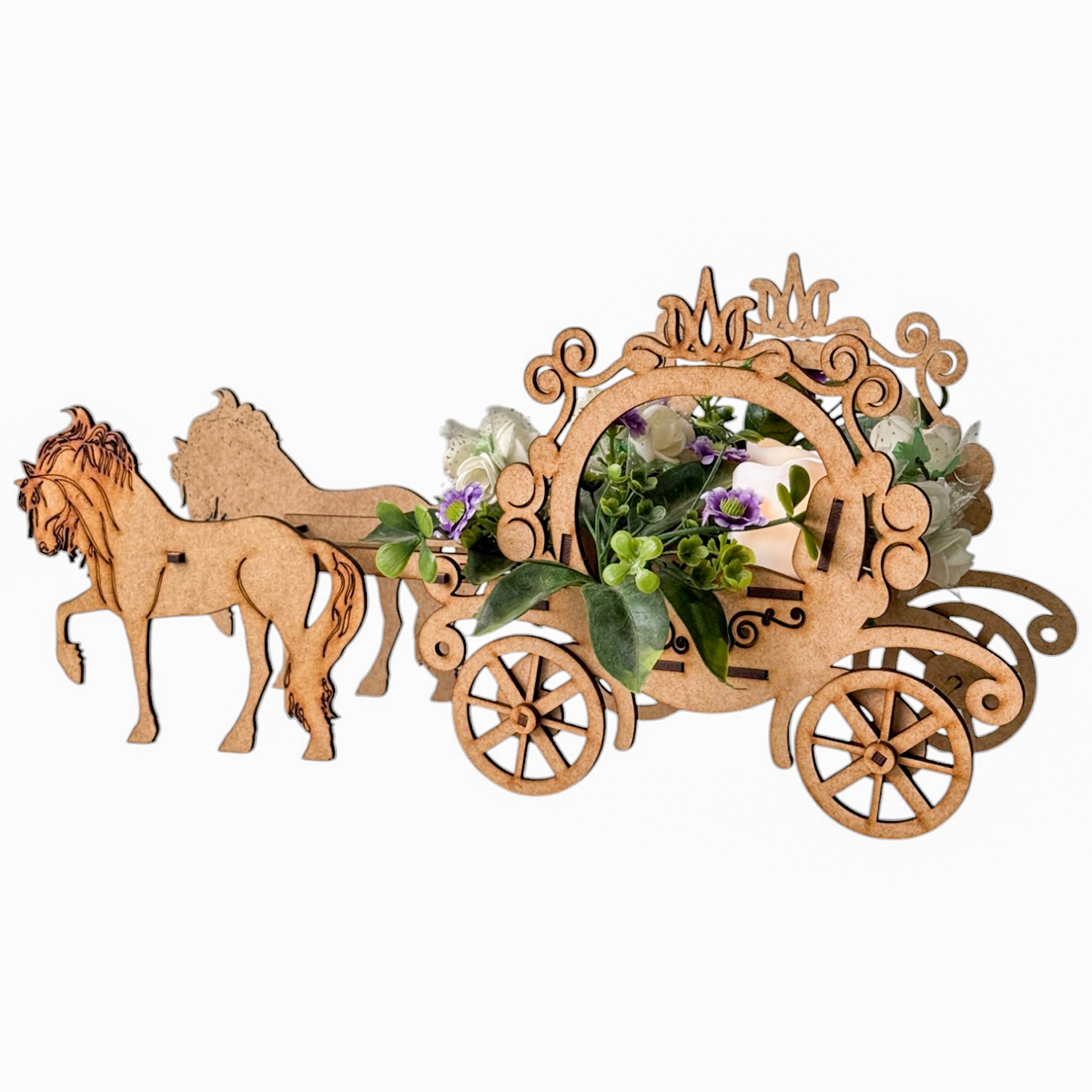 🎀 carruaje de princesa en mdf con caballos 🐎 5pz RB93