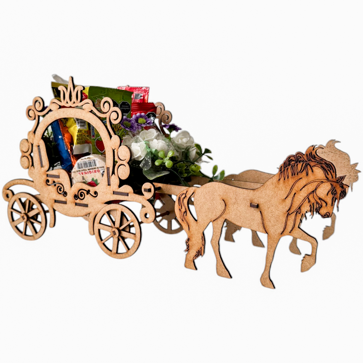 🎀 carruaje de princesa en mdf con caballos 🐎 5pz RB93