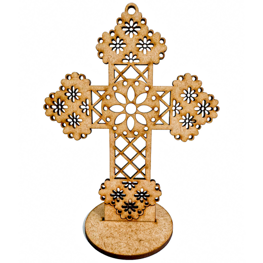 ✝️ Cruz Decorativa de MDF con Flores Caladas 🌸 – Ideal para Eventos Religiosos 🙏 20cm 12pz RB84