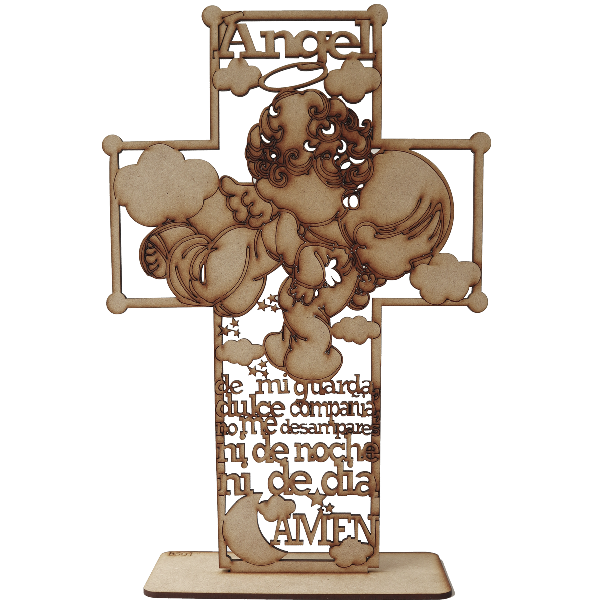 🌟 Cruz Ángel de la Guarda con Bebé Dormido - MDF 3mm ✨ 10pz RB35