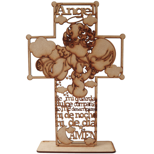 🌟 Cruz Ángel de la Guarda con Bebé Dormido - MDF 3mm ✨ 10pz RB35