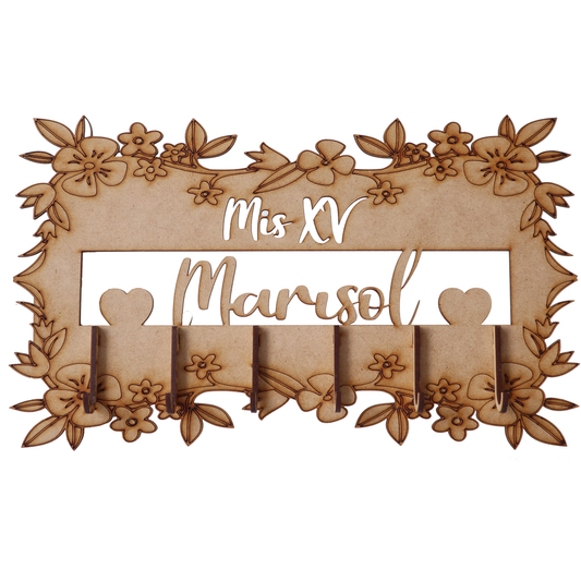 ✨ Portalaves de XV años personalizado en MDF | Con nombre y flores grabadas 🌸💖 10pz RB55