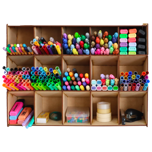 🖍️✨ Organizador multifuncional de plumones y papelería – 20 compartimentos de MDF 📚 OE27