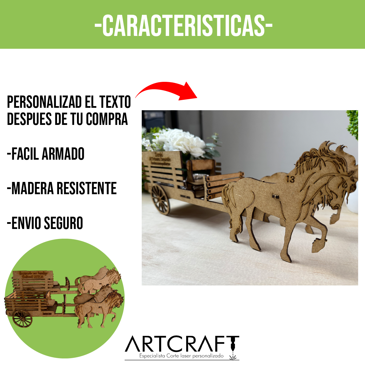 🐴 Centro de Mesa Estilo Carreta con Caballos en MDF 5pz RB90