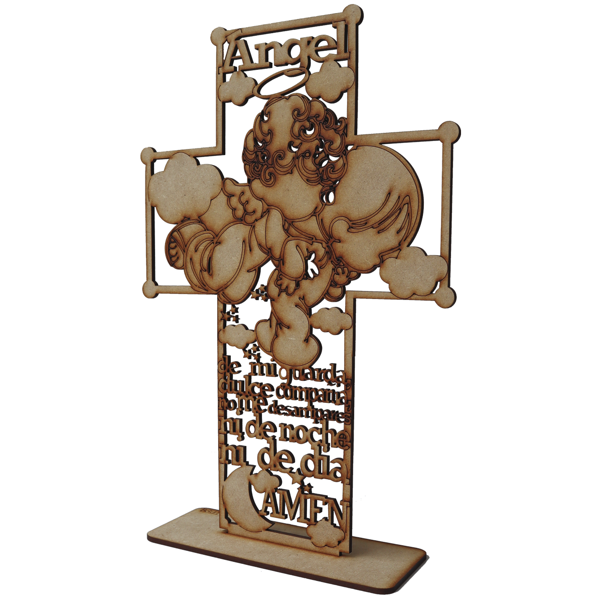 🌟 Cruz Ángel de la Guarda con Bebé Dormido - MDF 3mm ✨ 10pz RB35